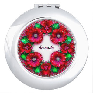 Round Floral Wreath with Red and Green Jewels Compact Mirror