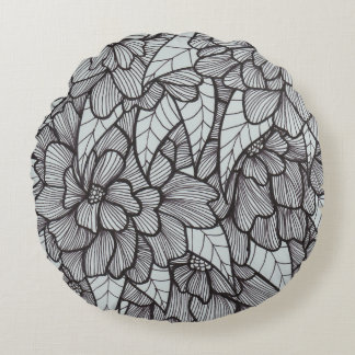 Round Flower Print Throw Pillow in Gray and Black