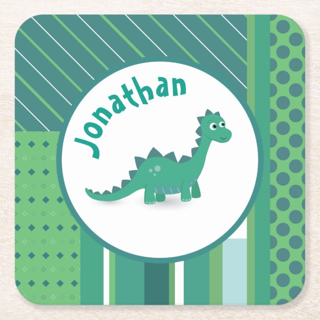 Round frame in gree/blue with cute dinosaur square paper coaster (Front)