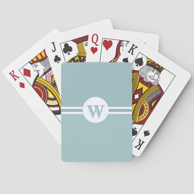 Round frame letter monogram light blue poker cards (Back)