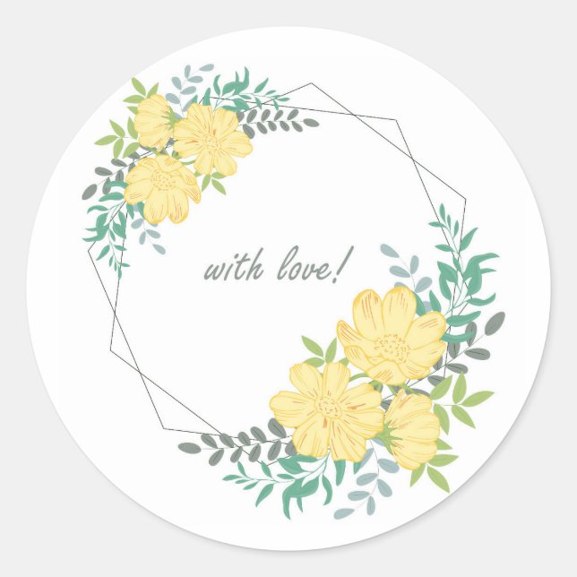 Round frame with yellow flowers. classic round sticker (Front)