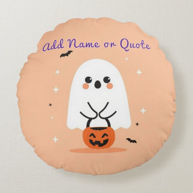 Round Ghost Halloween Pillow – Customizable Text (Front)