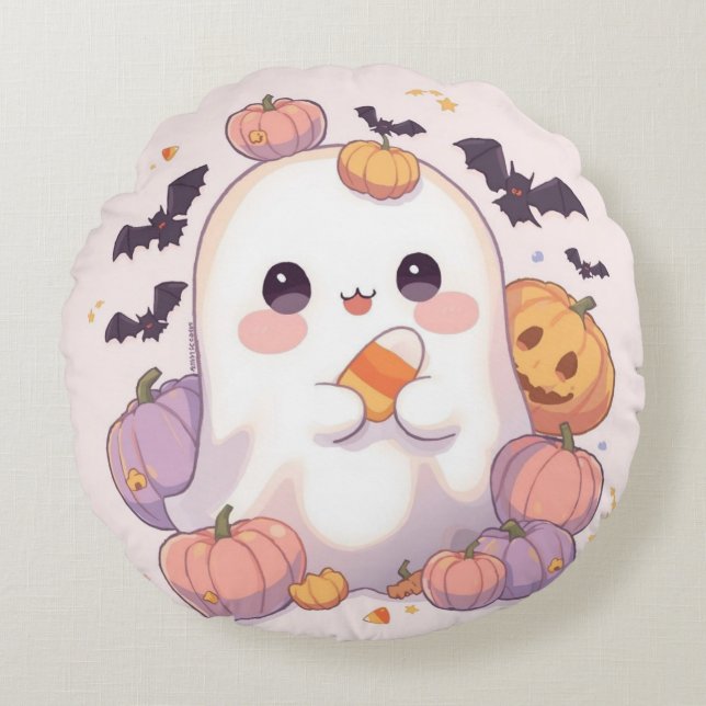 Round Ghost Halloween Pillow – Spooky Cute Decor (Front)