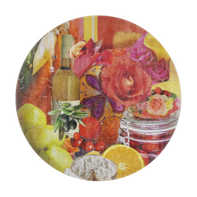 Round Glass Cutting Board with Culinary Theme (Front)