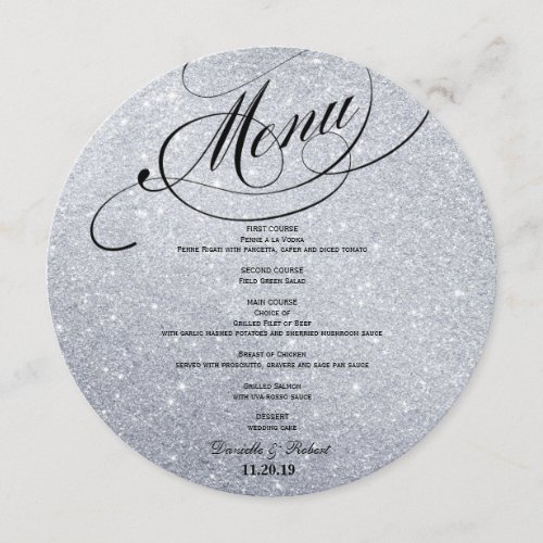 Round Glitter Wedding Dinner Menu Card For Plate