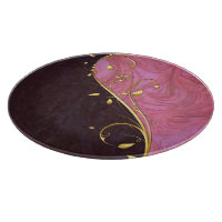 Round Gold Leaf Flourish Pink Burgundy Swirl Glass Cutting Board