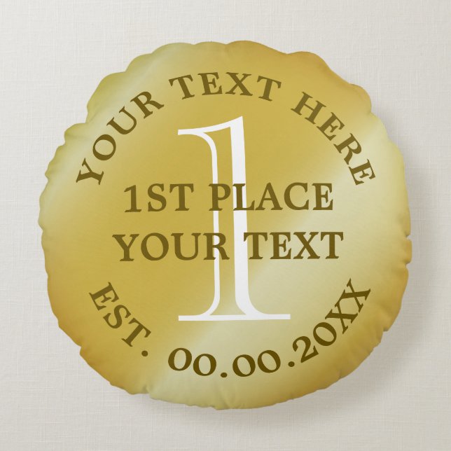 Round gold medal first place prize throw pillow (Front)