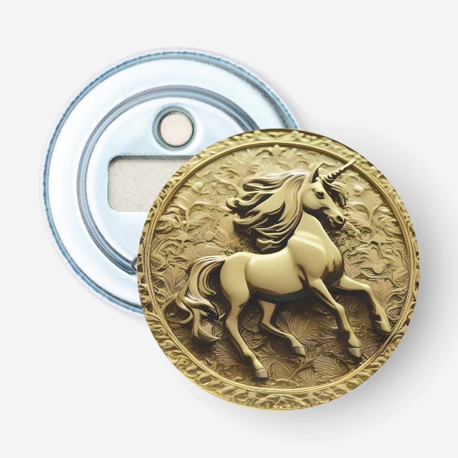 Round Gold Unicorn Coin, Bottle Opener (Front)