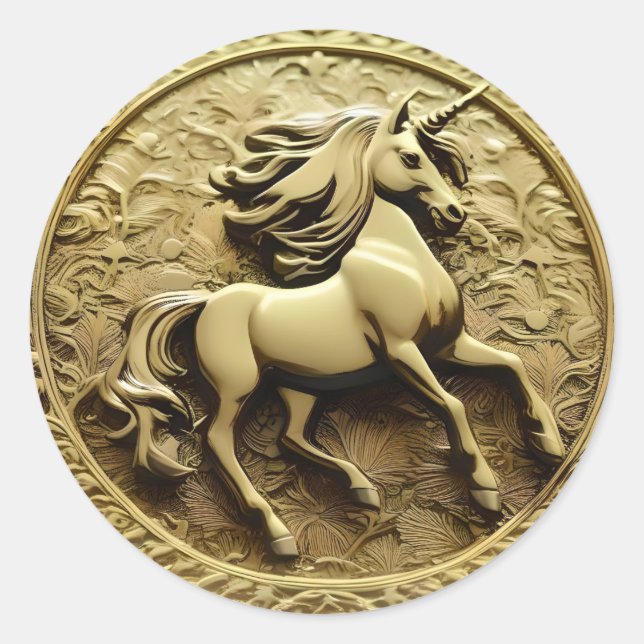 Round Gold Unicorn Coin, Classic Round Sticker (Front)