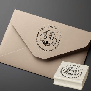Round Goldendoodle Dog Family Name Return Address Rubber Stamp
