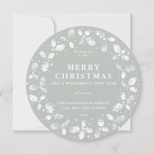 Round Gray_Green Merry Christmas Holly Wreath Holiday Card