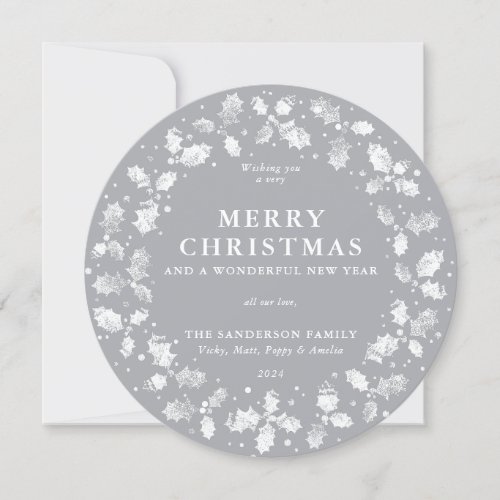 Round Gray Merry Christmas Holly Wreath Holiday Card