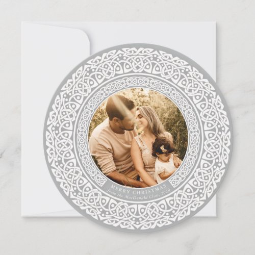Round Gray + Off White Celtic Holiday Photo Card