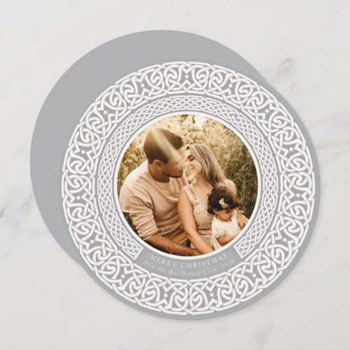 Round Gray + Off White Celtic Holiday Photo Card