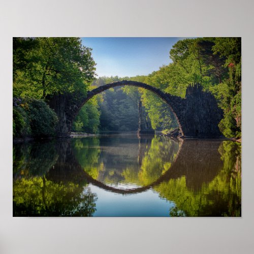 Round Gray Rock Bridge over a River in the Woods Poster