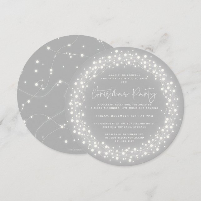 Round Gray Sparkling Lights Christmas Party Invitation (Front/Back)