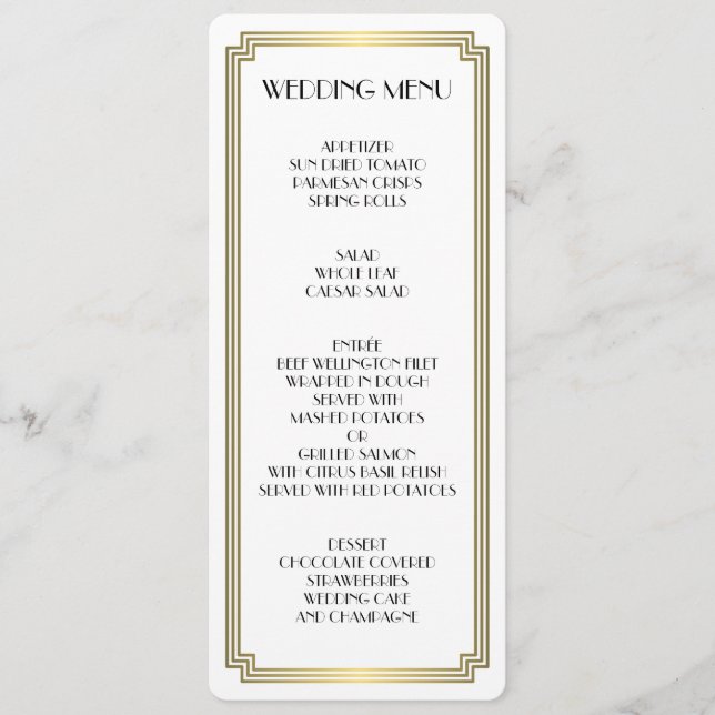 Round Great Gatsby Art Deco White Wedding Menu (Front)