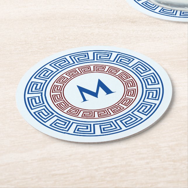 Round Greek Key Custom Monogram Phone Ring Stand Round Paper Coaster (Angled)