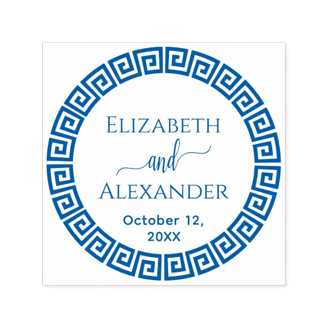 Round Greek Key S Frame Names Date Wedding Self-inking Stamp (Design)