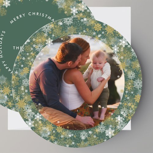  Round Green Christmas Snowflakes Photo Holiday Card