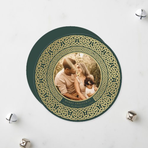 Round Green+Faux Gold Celtic Holiday Photo Card