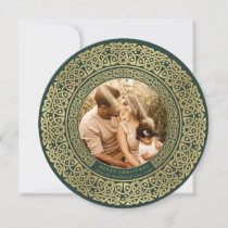 Round Green+Faux Gold Celtic Holiday Photo Card