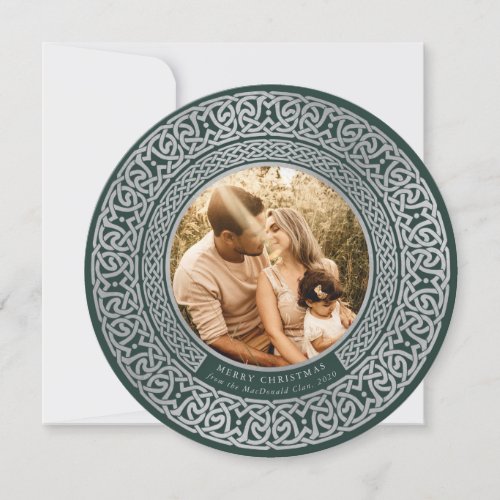 Round Green+Faux Silver Celtic Holiday Photo Card
