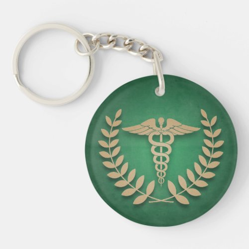 Round Green  Gold Medical Caduceus Personalized Keychain