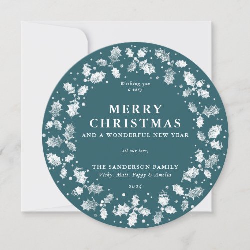 Round Green Merry Christmas Holly Wreath Holiday Card