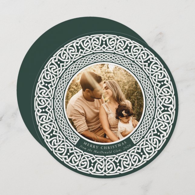 Round Green + Off White Celtic Holiday Photo Card (Front/Back)