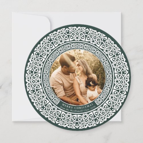 Round Green + Off White Celtic Holiday Photo Card