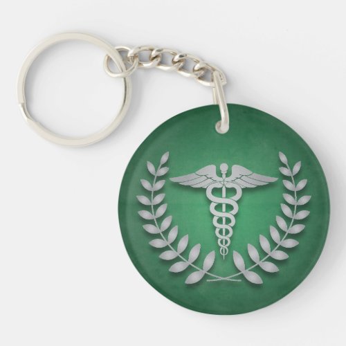 Round Green  Silver Medical Caduceus Personalized Keychain