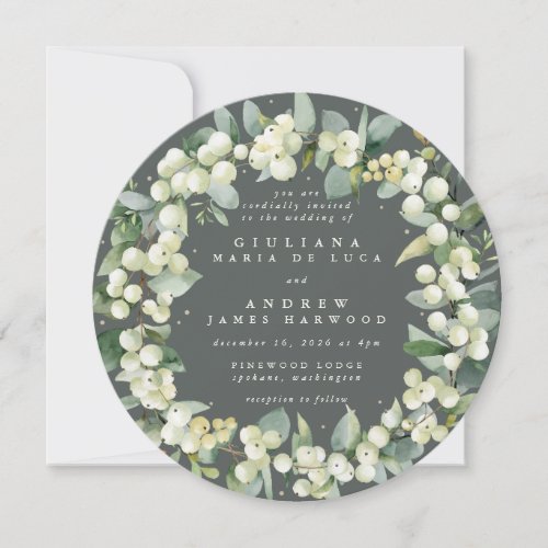 Round Green SnowberryEucalyptus Wreath Wedding Invitation
