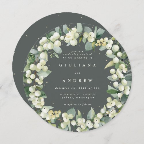 Round Green SnowberryEucalyptus Wreath Wedding Invitation