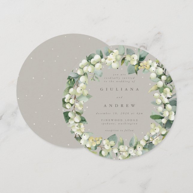 Round Greige Snowberry+Eucalyptus Wreath Wedding Invitation (Front/Back)