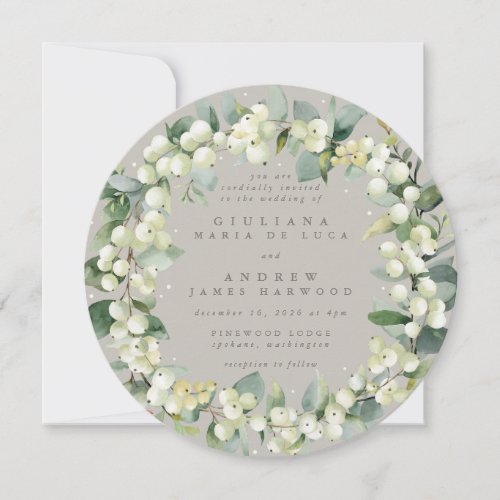 Round Greige SnowberryEucalyptus Wreath Wedding Invitation