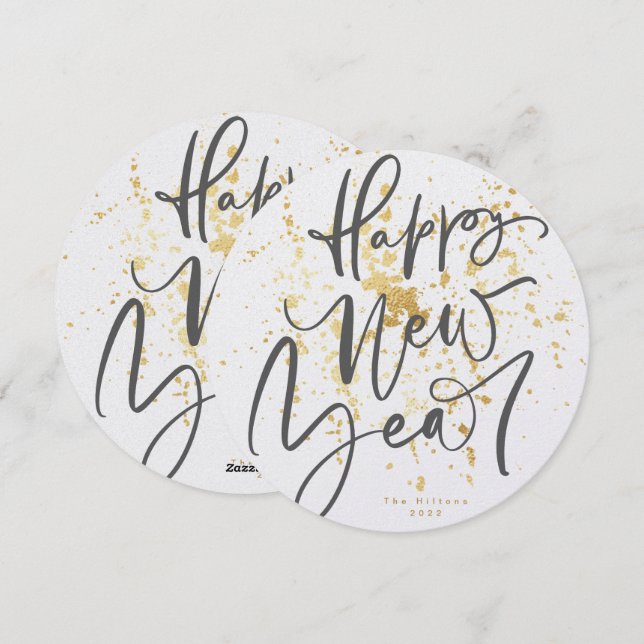 Round Happy New Year in grey handwritten text Holiday Card (Front/Back)