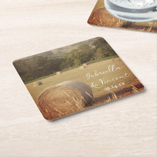 Round Hay Bales Farm Wedding Square Paper Coaster (Angled)