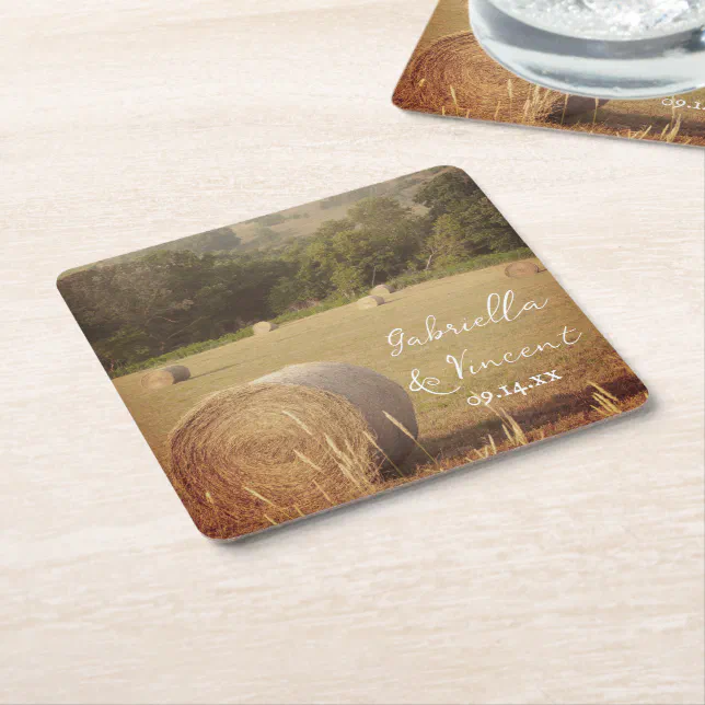 Round Hay Bales Farm Wedding Square Paper Coaster | Zazzle