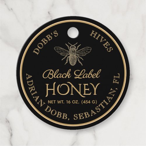 Round Honey Jar Necktag Black Gold Vintage Bee Favor Tags