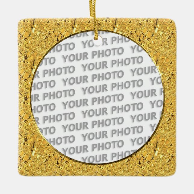 Round in Square Frame gold leaf + your photo Ceramic Ornament (Front)