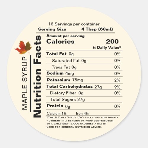 Round Ivory Maple Syrup Nutrition Facts with Leaf  Classic Round Sticker