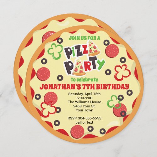 Round Kids Birthday Pizza Party Invitation