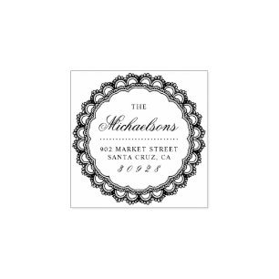 Round Lace Border Last Name Script Return Address Rubber Stamp