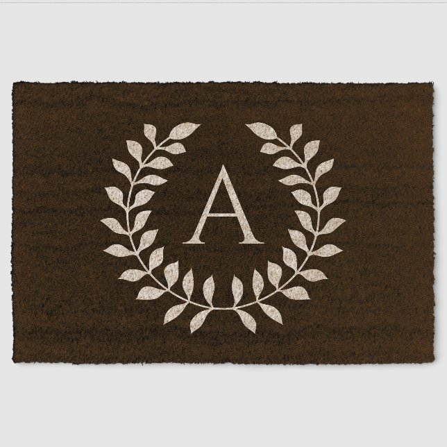Round Laurel Wreath With Custom Monogram Fiber Doormat (Front)