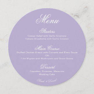 Round Lavender Simple Calligraphy Purple Wedding Menu