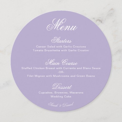 Round Lavender Simple Calligraphy Purple Wedding Menu