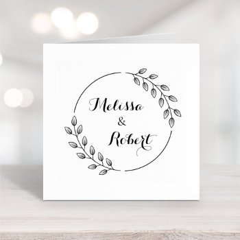 Round Leaves Wreath Custom Names Rubber Stamp by Chibibi at Zazzle