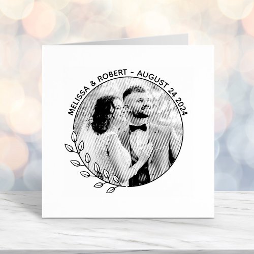 Round Leaves Wreath Custom Photo Wedding Self_inking Stamp