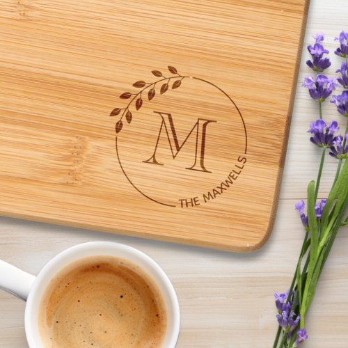 Round Leaves Wreath Monogram Family Name Cutting Board